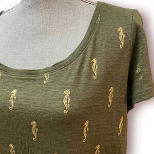 J JILL Love Linen Gold & Olive Seahorse Tee